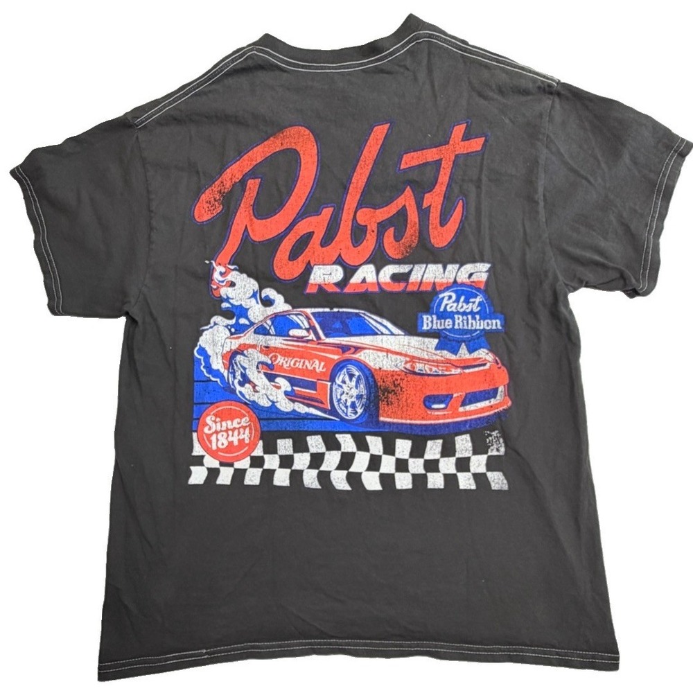 Pabst Blue Ribbon Racing T-Shirt Large Beer Graphic Car Black‎ Cotton Tee